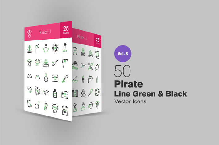 50 Pirate Green & Black Line Icons