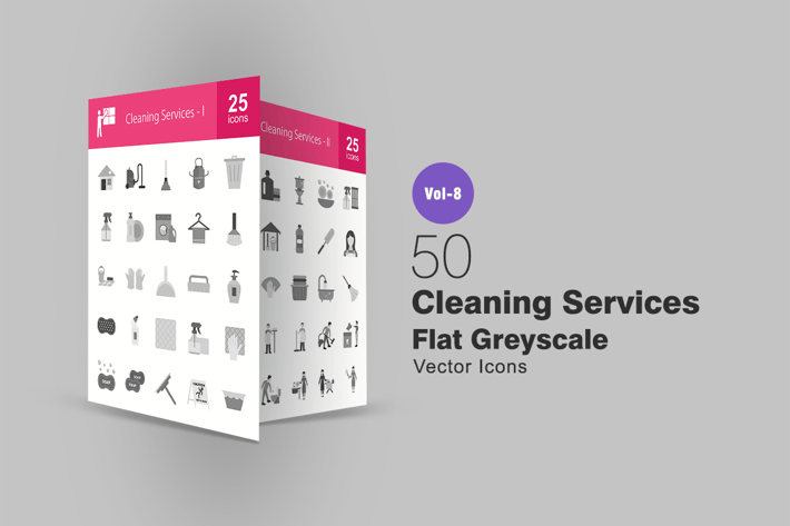 50 Cleaning Services Flat Greyscale Icons