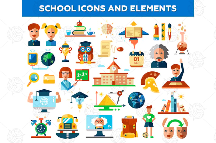 School - set of flat design icons and elements 
