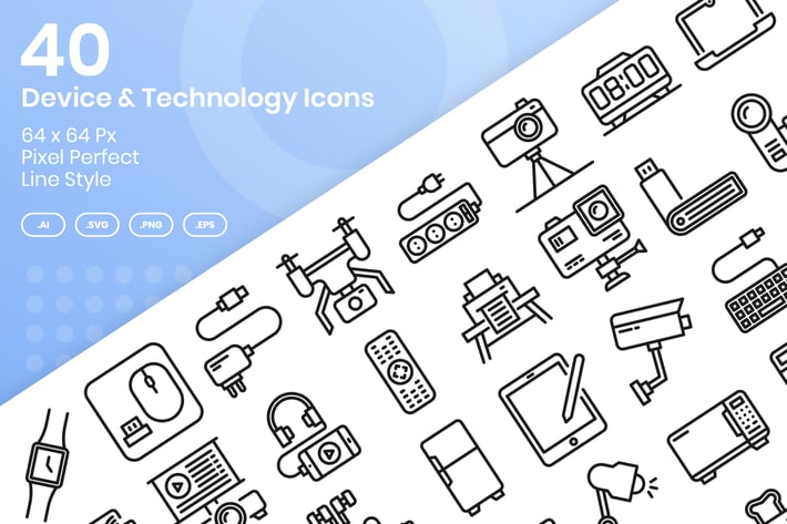 40 Device & Technology Icons Set - Line