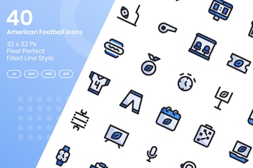 40 American Football Icons Set - Filled Line