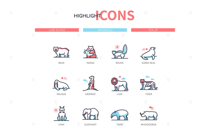 Different mammals - modern line design style icons