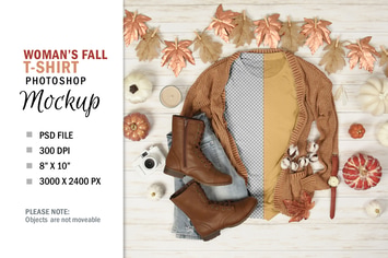 Fall T-Shirt Mockup Flatlay Photoshop PSD