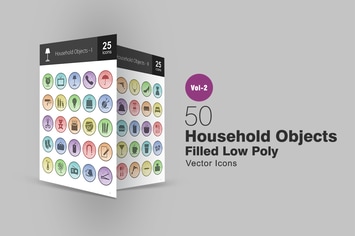 50 Household Objects Filled Low Poly Icons