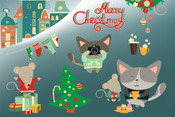 Set of cute cat with little mouse. Vector 