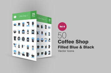 50 Coffee Shop Blue & Black Icons