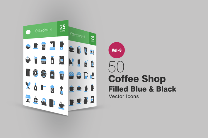 50 Coffee Shop Blue & Black Icons