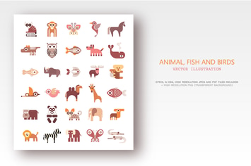 Animals, Fish and Birds set of flat vector icons