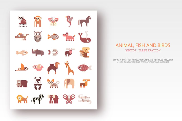Animals, Fish and Birds set of flat vector icons