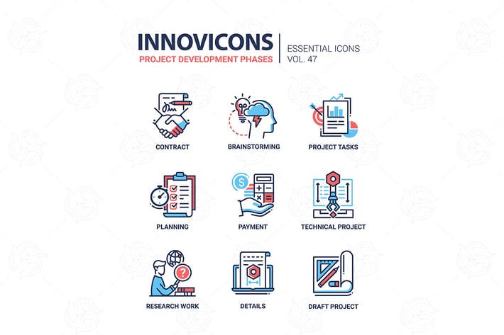 Project Development Phases - line design icons set