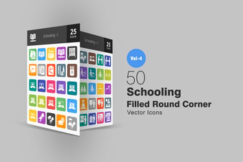 50 Schooling Flat Round Corner Icons