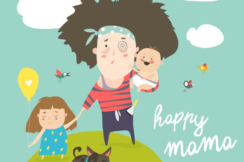 Tired mother walking with her kids. Vector