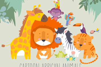 Happy jungle animals. Best friends. Vector 