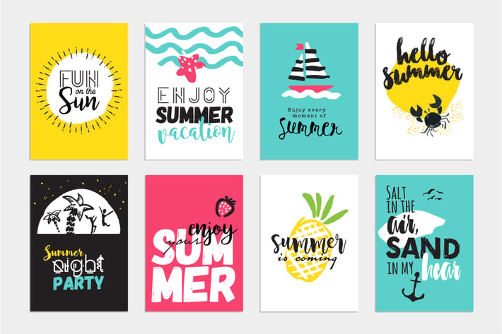 Set of hand drawn summer cards and banners