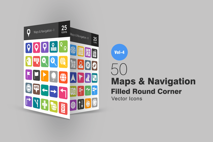 50 Maps & Navigation Flat Round Corner Icons