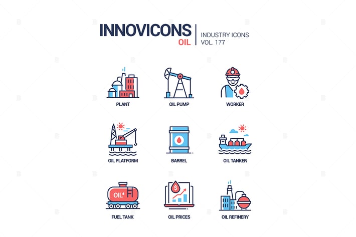 Oil industry - line design style icons set