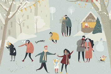Cartoon happy people enjoying in the winter snowin