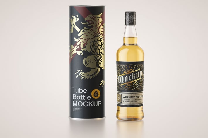 Whiskey Bottle with Paper Tube Mockup
