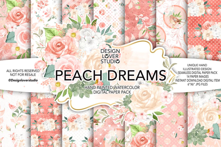 Watercolor PEACH DREAMS digital paper pack