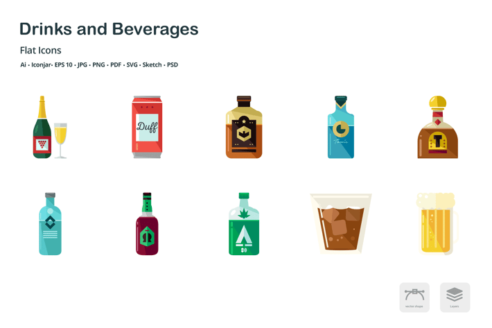 Drinks and Beverages Flat Colored Icons