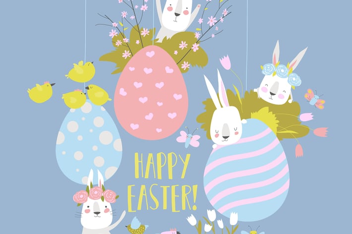 Cute cartoon bunny with Easter eggs and flowers. 