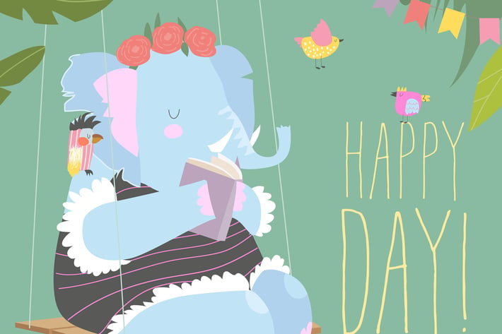 Cute cartoon elephant reading book and swinging on
