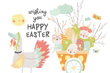 Cute cartoon bunny with Easter eggs and flowers. 