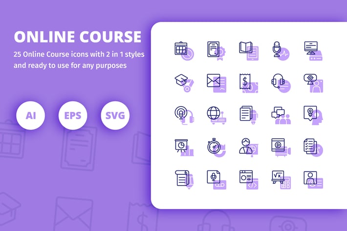 Online Course Icons (Line and Solid)
