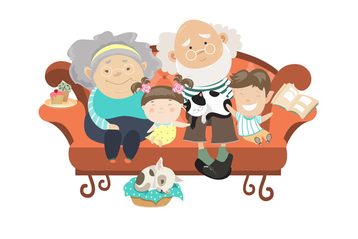Grandparents and grandchildren. Happy grandparents