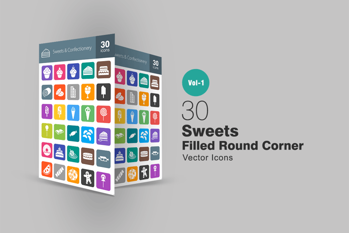 30 Sweets & Confectionry Filled Round Corner Icons