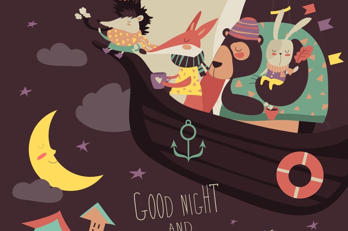 Cute animals swimming on boat in the night sky