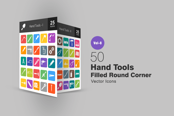 50 Hand Tools Filled Round Corner Icons