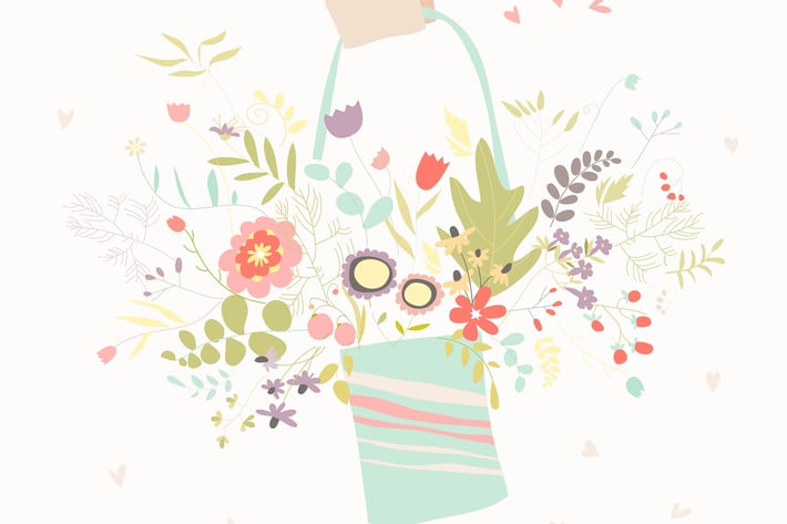 Hand holding bouquet flowers. Vector greeting card