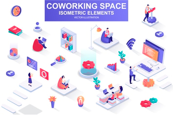 Coworking Space Isometric Design Elements