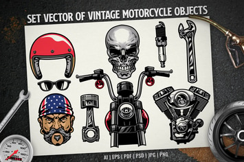 set vector of vintage motorcycle objects