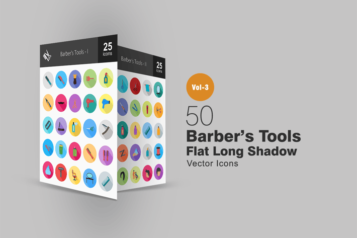 50 Barber’s Tools Flat Shadowed Icons