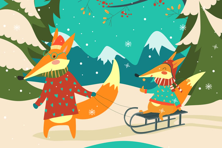 Funny couple of foxes sledding