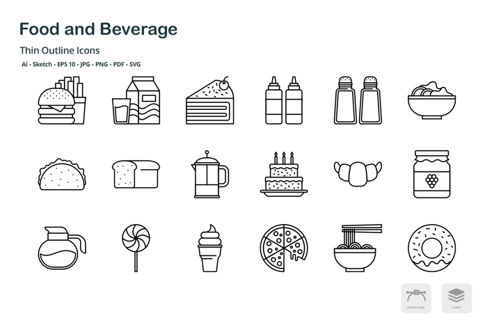 Food and Beverage thin outline icons