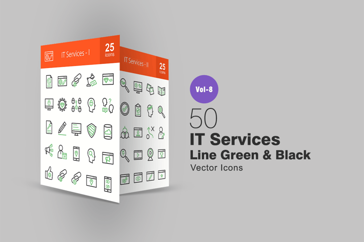 50 IT Services Green & Black Line Icons