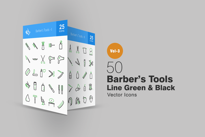 50 Barber’s Tools Line Green & Black Icons