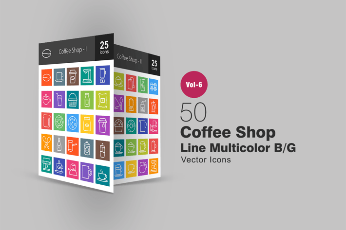 50 Coffee Shop Line Multicolor B/G Icons