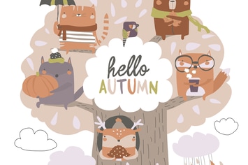 Cute animals sit on autumn tree on white backgroun