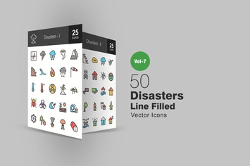 50 Disasters Filled Line Icons