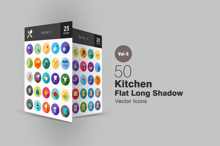 50 Kitchen Flat Shadowed Icons