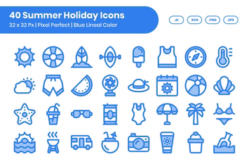 40 Summer Holiday Icons Set - Blue Lineal Color