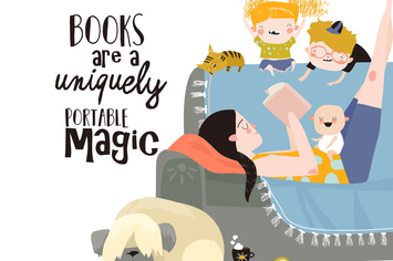 Mother and her kids reading book on sofa. Vector 