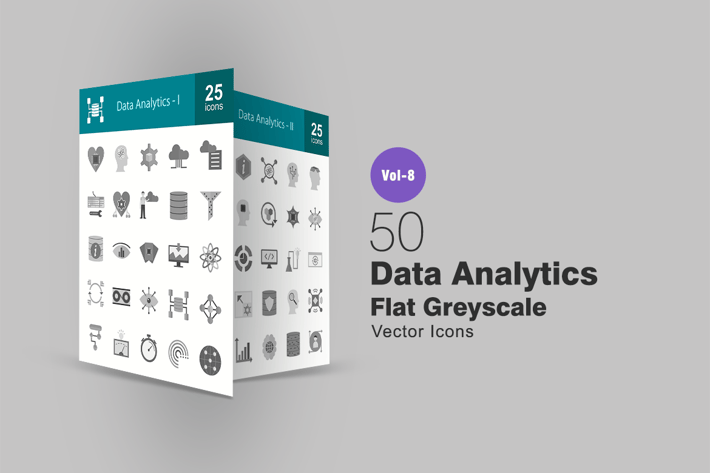 50 Data Analytics Flat Greyscale Icons