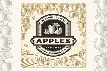 Retro Apples Label On Harvest Landscape