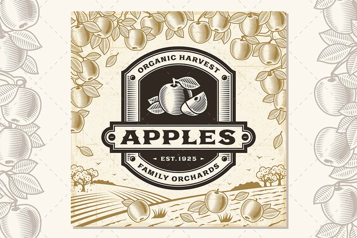 Retro Apples Label On Harvest Landscape