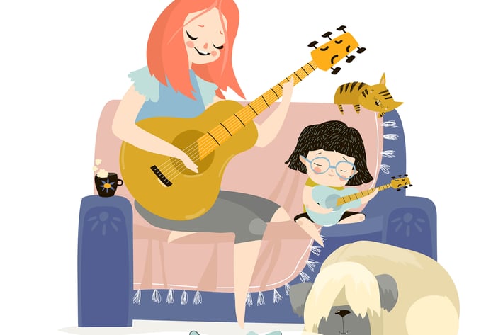 Cartoon vector illustration of mother playing guit